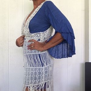 WHITE CROCHET LONG COTTON FRINGED VEST MEDIUM